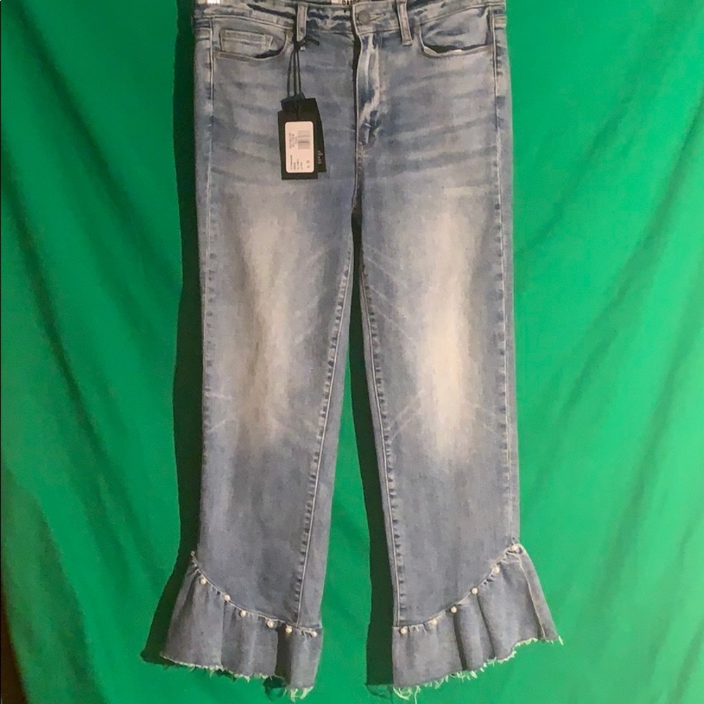 Paige “Hoxton” straight pearl-embellished ruffle hem, high waist-NWT